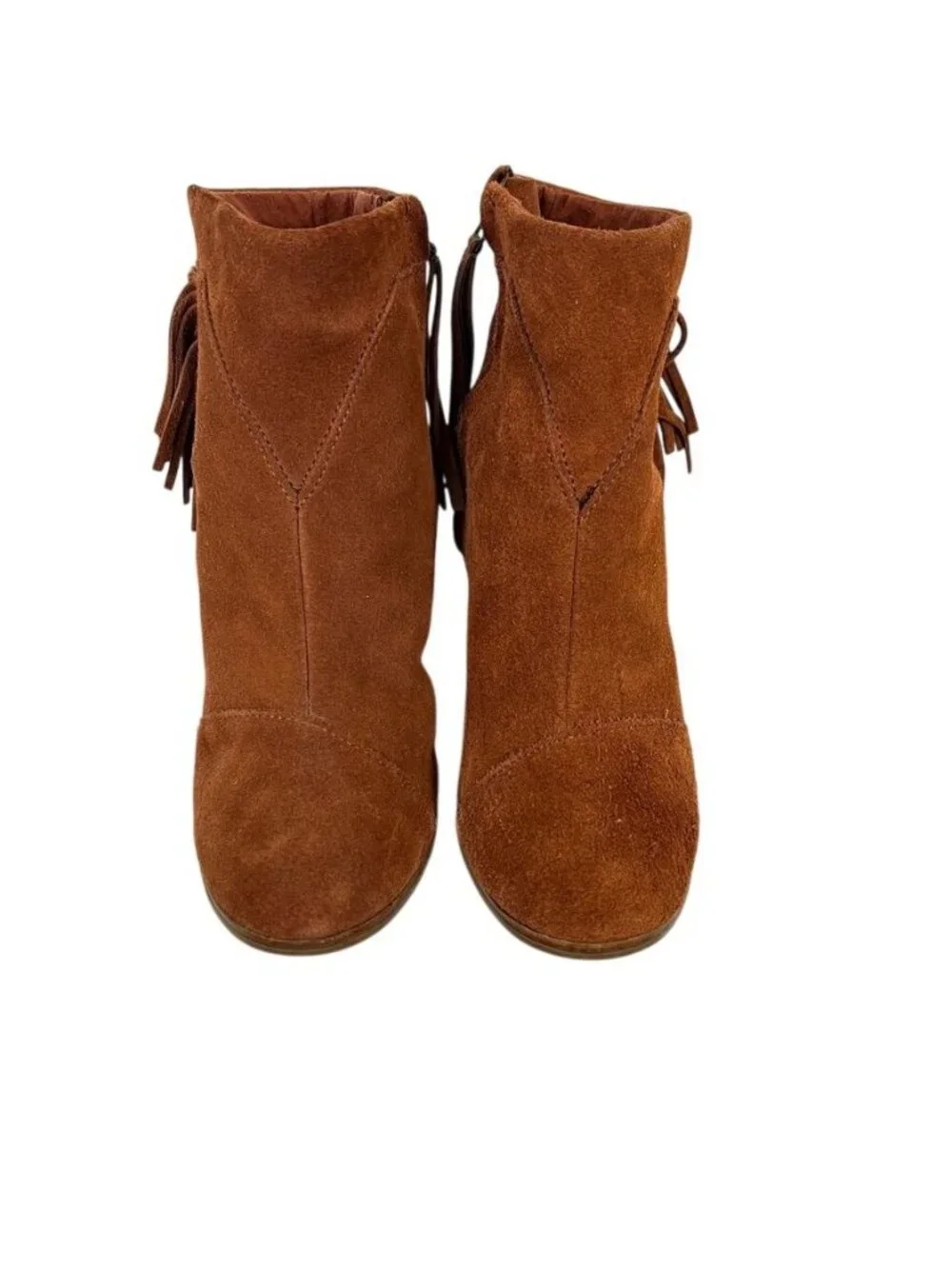 TOMS Women’s Brown Suede Fringe Ankle Boots Block Heel Western Boho Sz 8.5